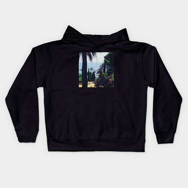 View of the charming Spanish streets Spain sightseeing trip photography from city scape Barcelona Blanes Malgrat del Mar Santa Susuana Kids Hoodie by BoogieCreates